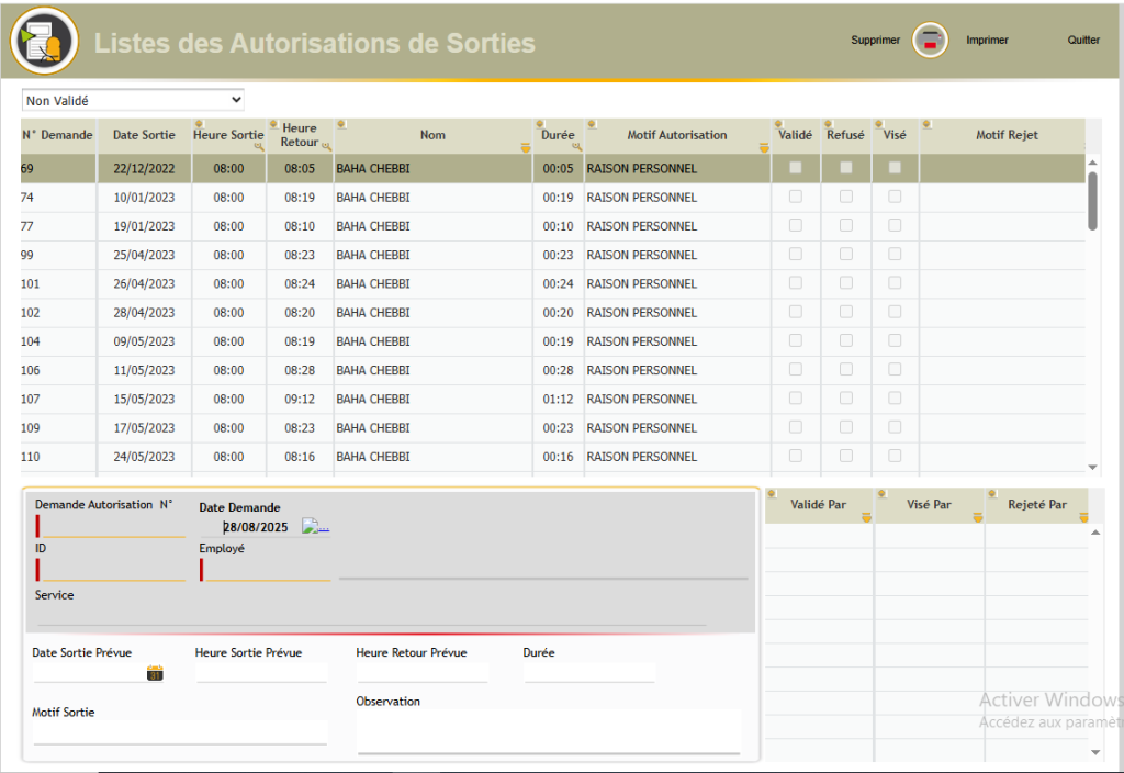 liste autorisation de sortie